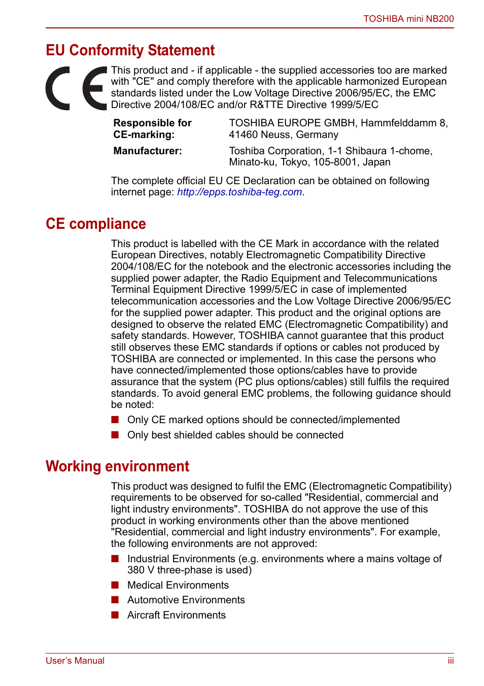 Eu conformity statement, Ce compliance, Working environment | Toshiba NB200 User Manual | Page 3 / 144