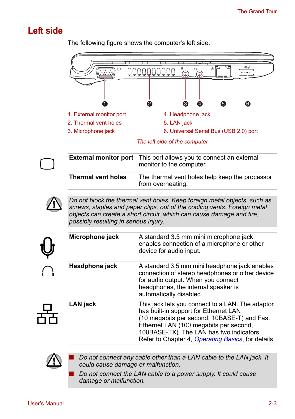 Left side, Left side -3 | Toshiba NB200 User Manual | Page 30 / 144