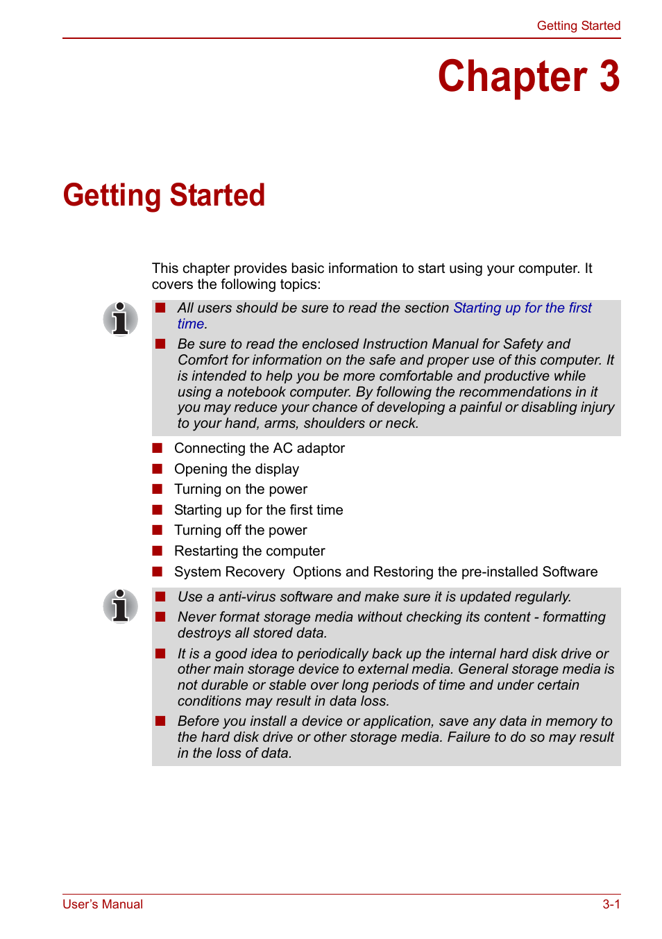 Chapter 3: getting started, Chapter 3, Getting started | Toshiba NB200 User Manual | Page 38 / 144