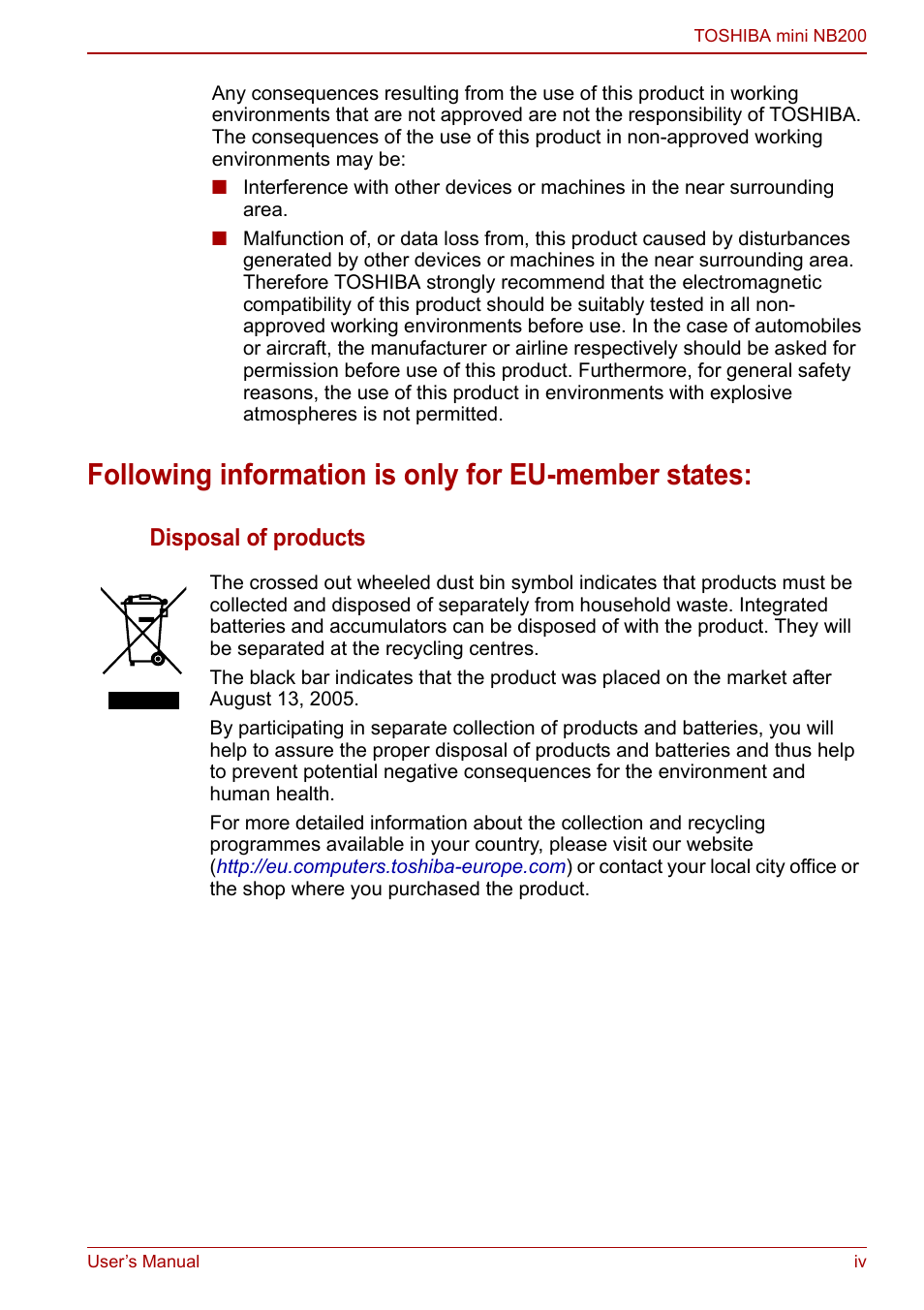 Following information is only for eu-member states, Disposal of products | Toshiba NB200 User Manual | Page 4 / 144