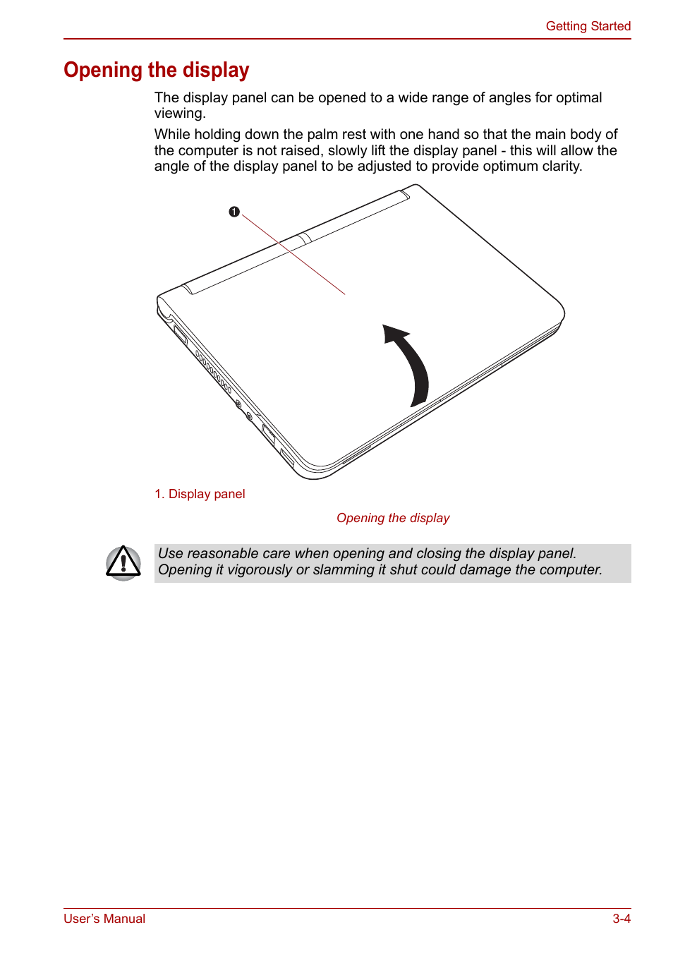 Opening the display, Opening the display -4 | Toshiba NB200 User Manual | Page 41 / 144