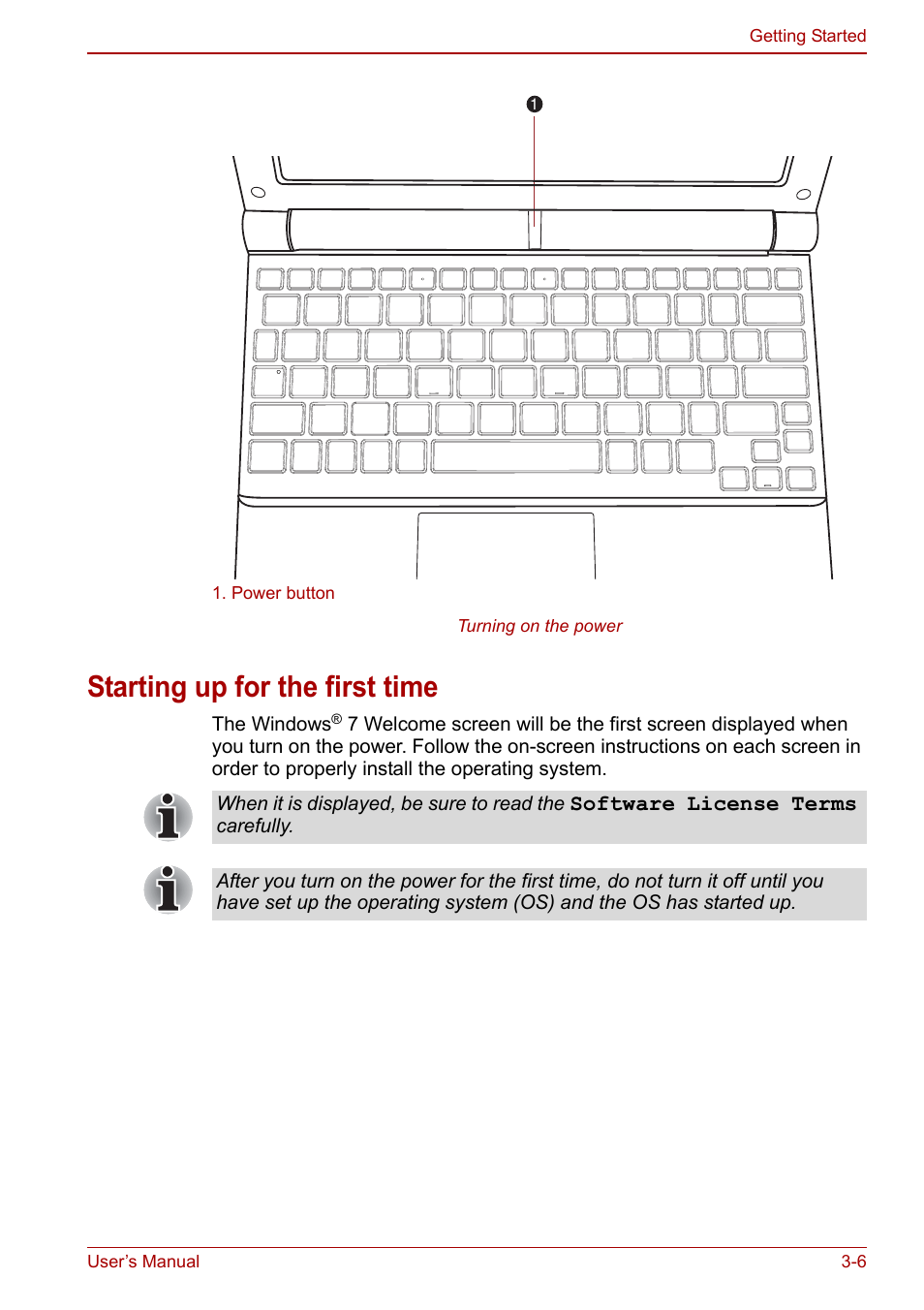 Starting up for the first time, Starting up for the first time -6, To the section | Starting, Up for the first time | Toshiba NB200 User Manual | Page 43 / 144