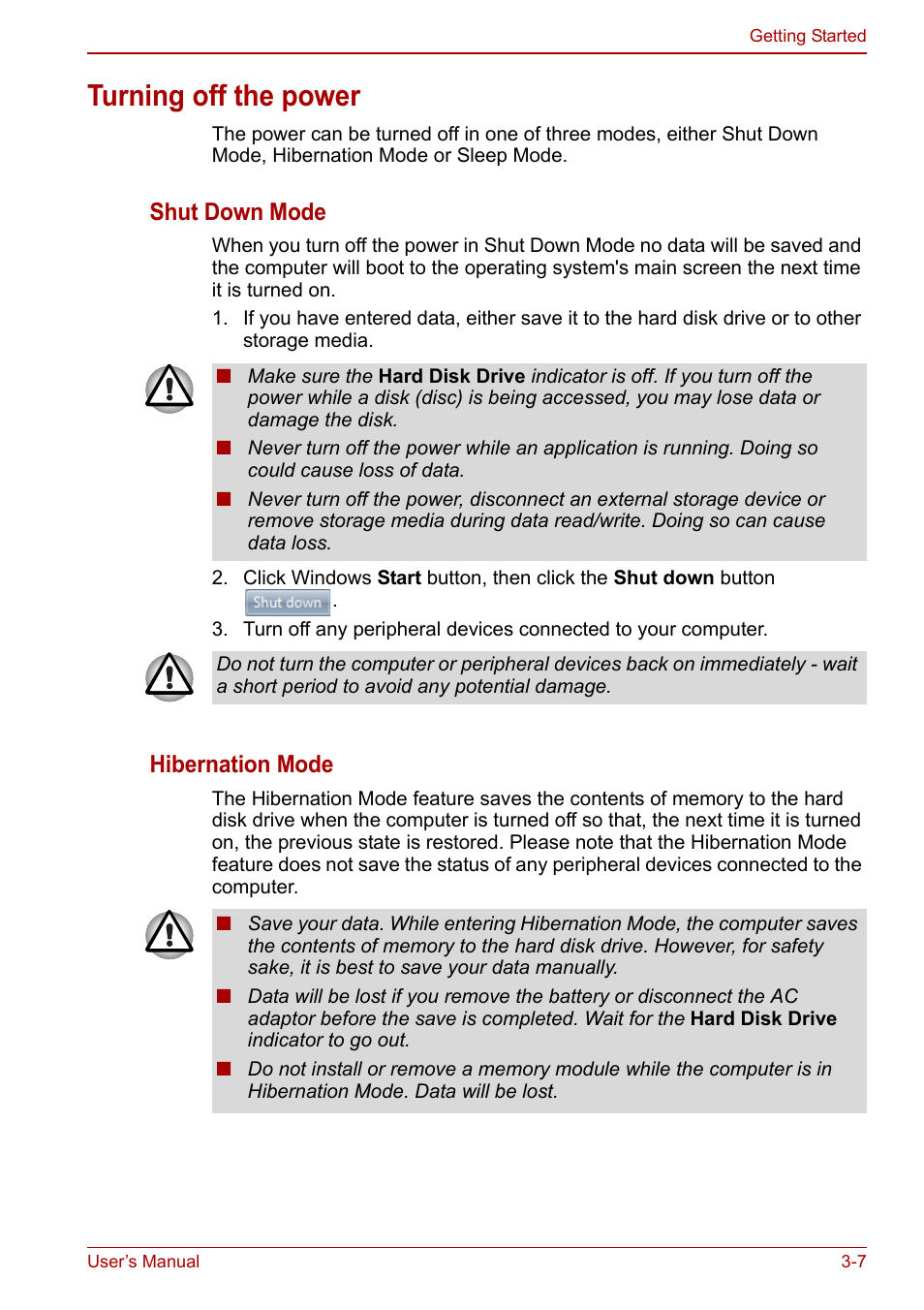 Turning off the power, Turning off the power -7, Shut down mode | Hibernation mode | Toshiba NB200 User Manual | Page 44 / 144