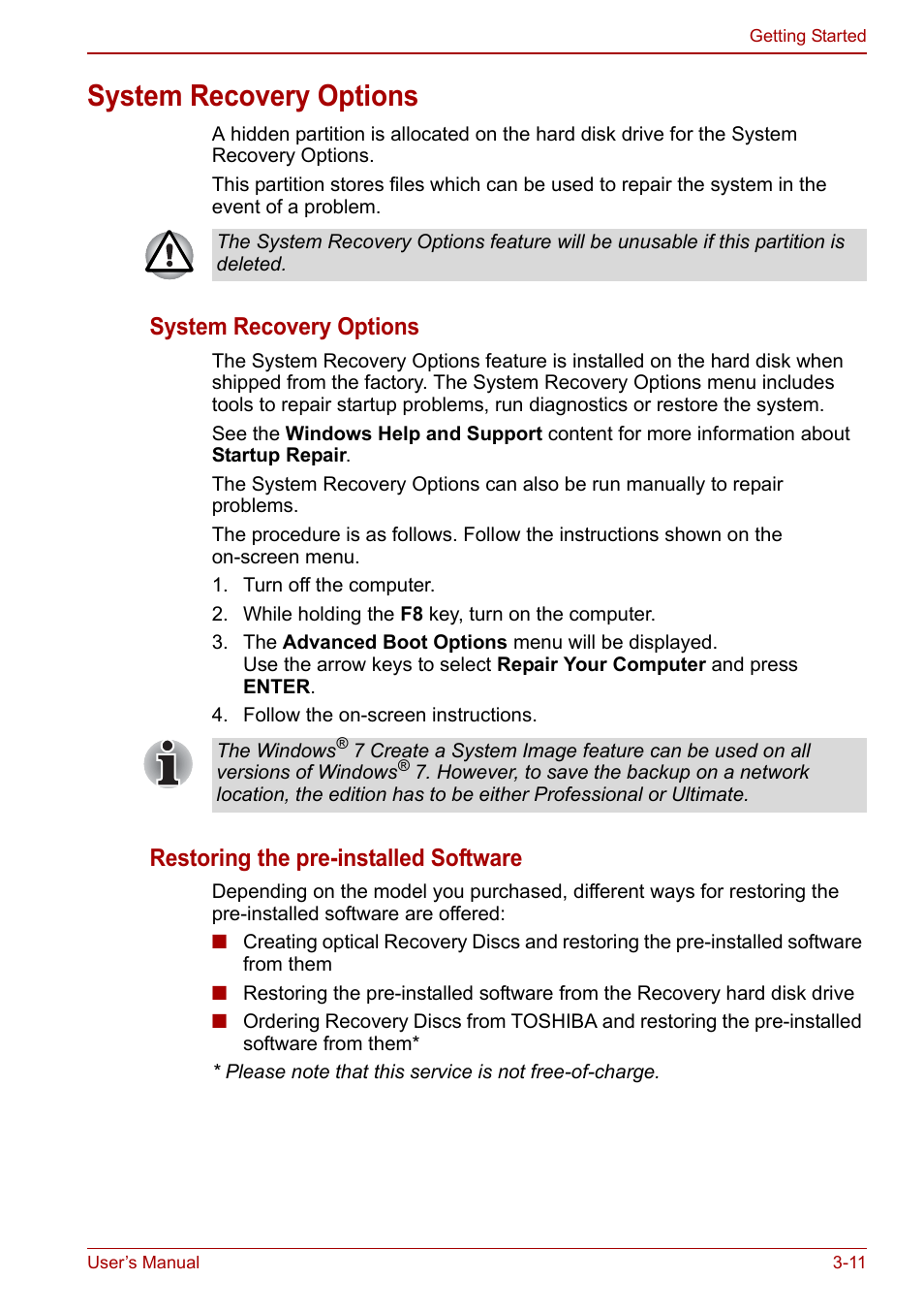 System recovery options, System recovery options -11, Restoring the pre-installed software | Toshiba NB200 User Manual | Page 48 / 144