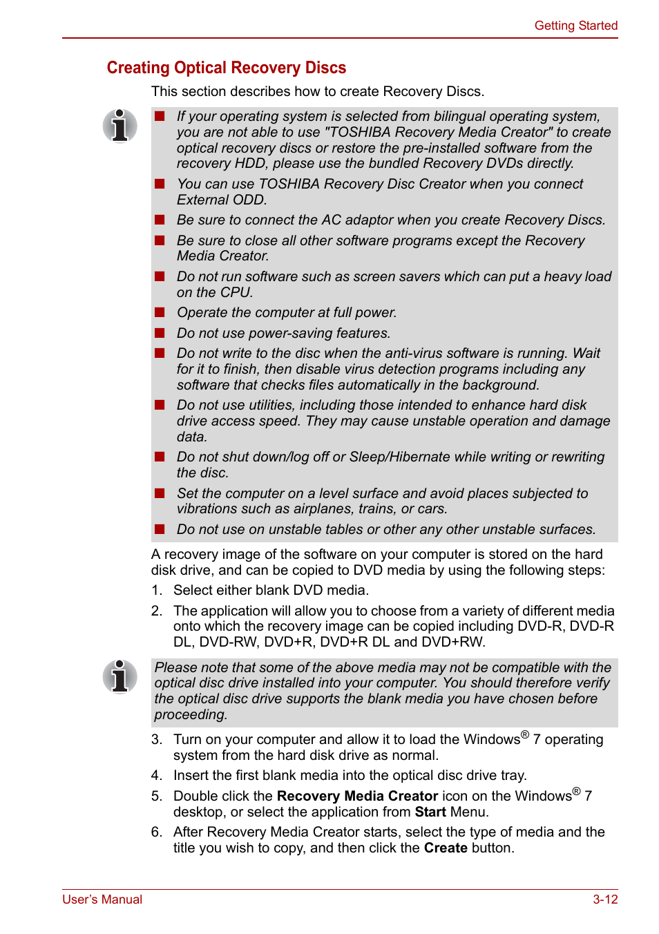 Creating optical recovery discs | Toshiba NB200 User Manual | Page 49 / 144