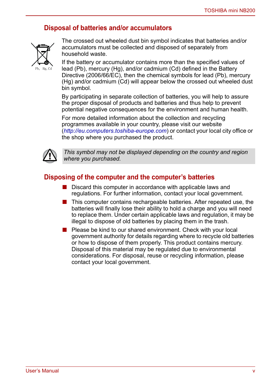 Toshiba NB200 User Manual | Page 5 / 144