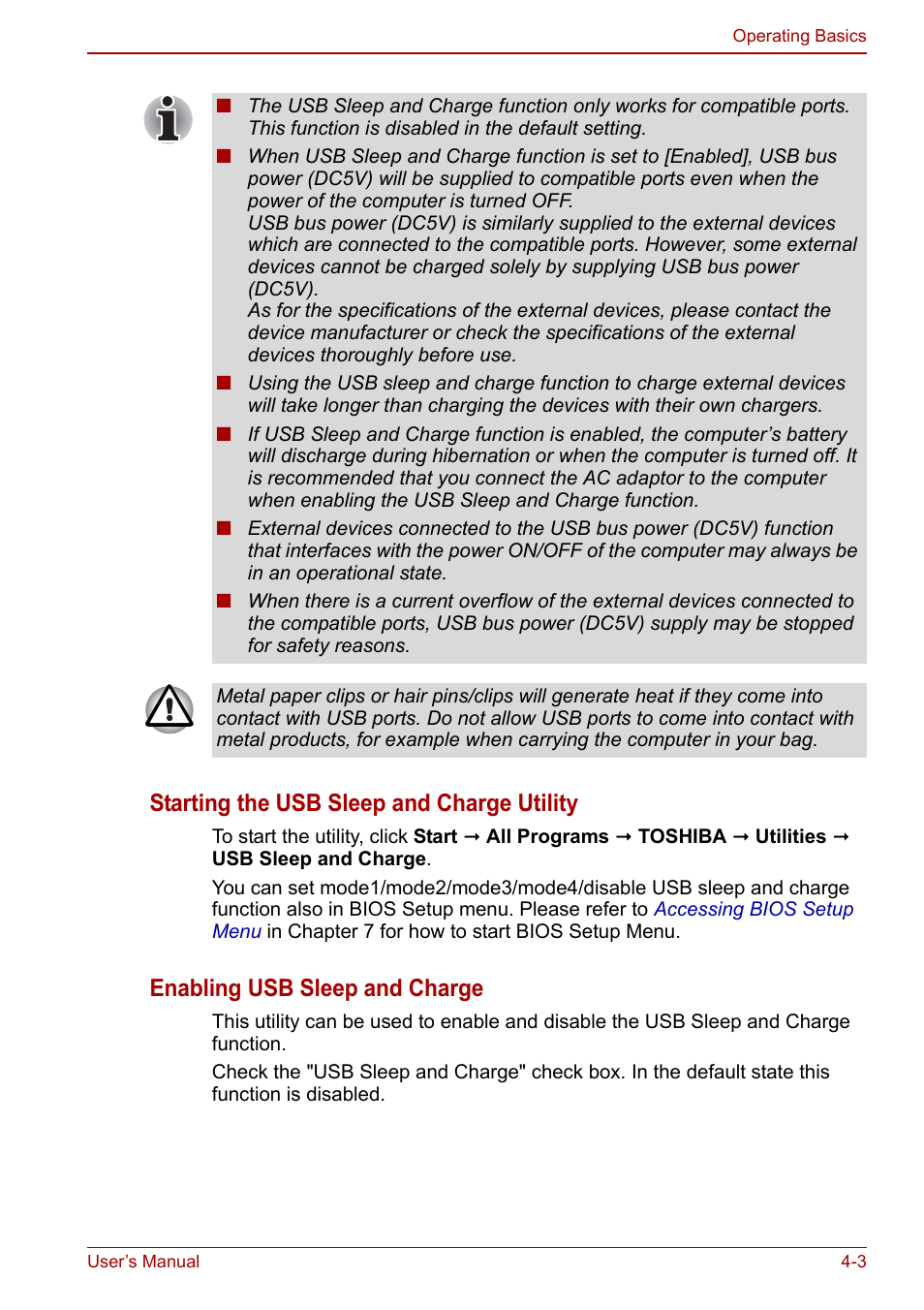 Starting the usb sleep and charge utility, Enabling usb sleep and charge | Toshiba NB200 User Manual | Page 54 / 144