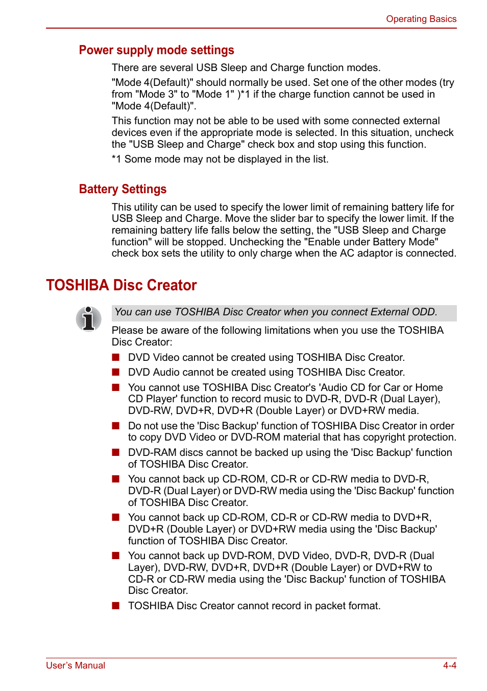 Toshiba disc creator, Toshiba disc creator -4, Power supply mode settings | Battery settings | Toshiba NB200 User Manual | Page 55 / 144