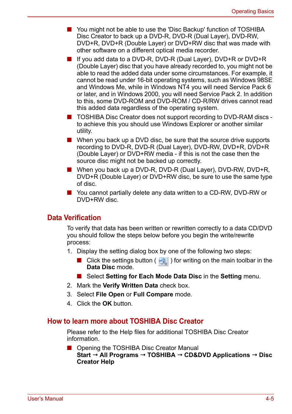 Data verification, How to learn more about toshiba disc creator | Toshiba NB200 User Manual | Page 56 / 144