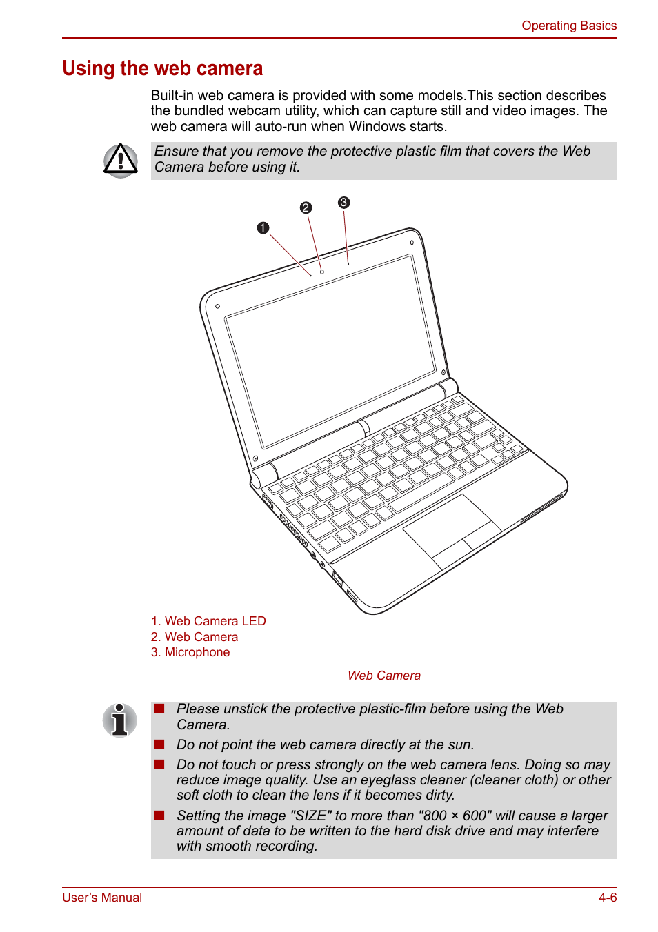 Using the web camera, Using the web camera -6 | Toshiba NB200 User Manual | Page 57 / 144