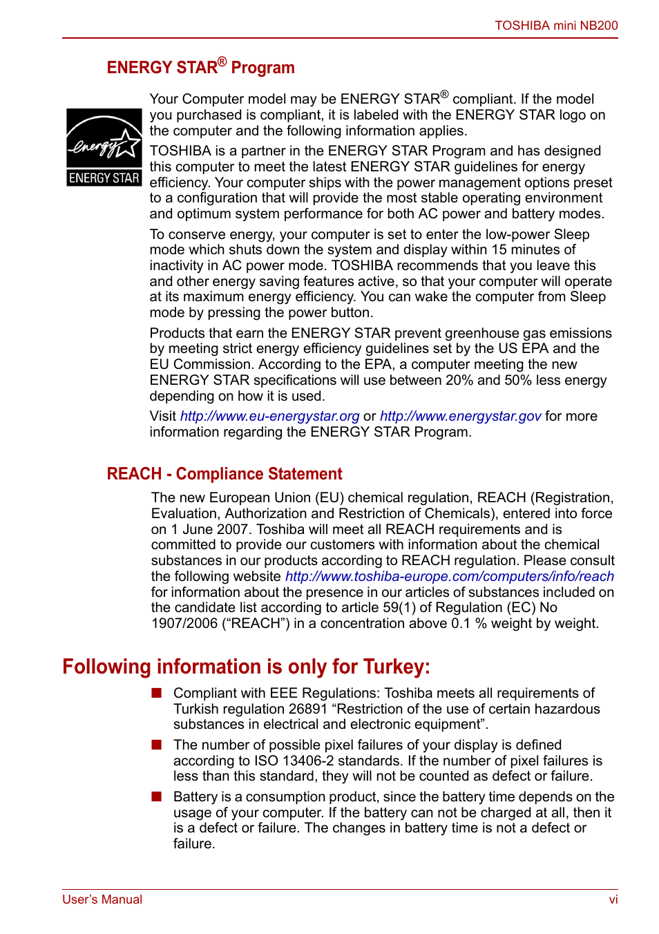 Following information is only for turkey, Energy star, Program reach - compliance statement | Toshiba NB200 User Manual | Page 6 / 144