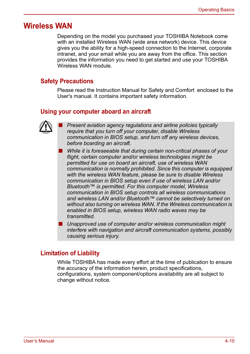 Wireless wan, Wireless wan -10, Safety precautions | Toshiba NB200 User Manual | Page 61 / 144