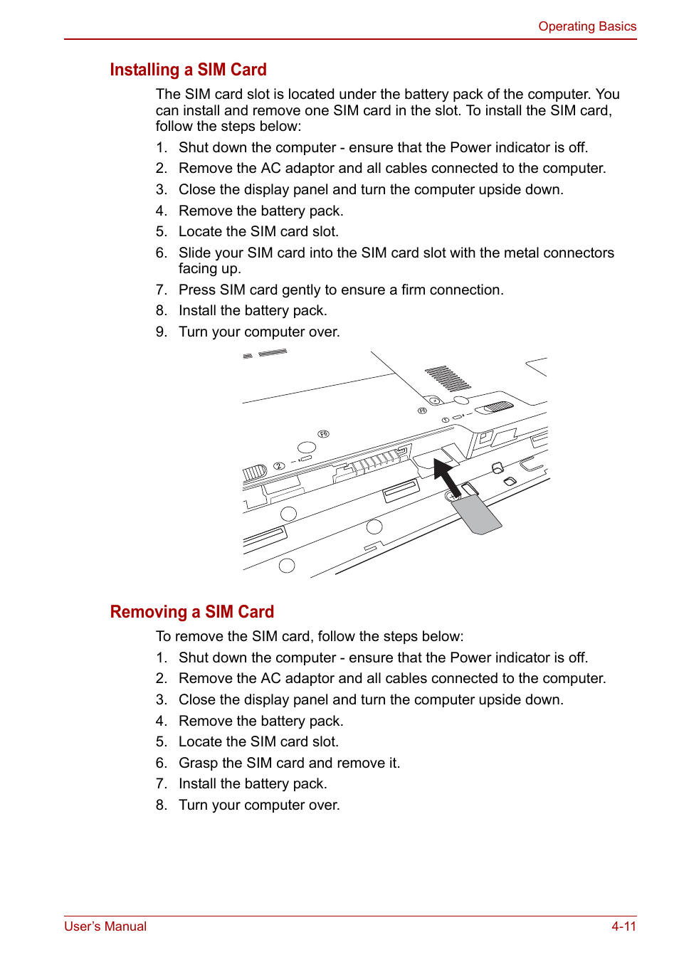 Installing a sim card, Removing a sim card | Toshiba NB200 User Manual | Page 62 / 144