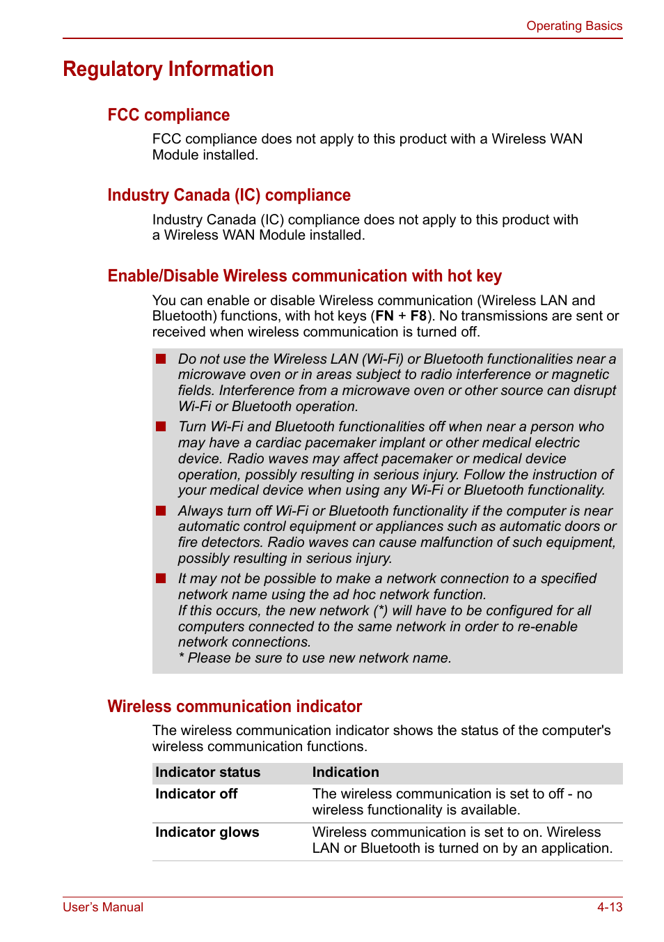 Regulatory information, Regulatory information -13, Fcc compliance | Industry canada (ic) compliance, Enable/disable wireless communication with hot key, Wireless communication indicator | Toshiba NB200 User Manual | Page 64 / 144