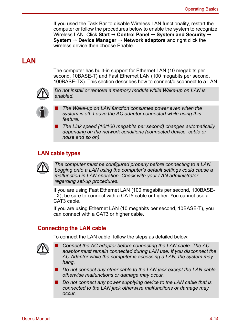 Lan -14, Lan cable types, Connecting the lan cable | Toshiba NB200 User Manual | Page 65 / 144