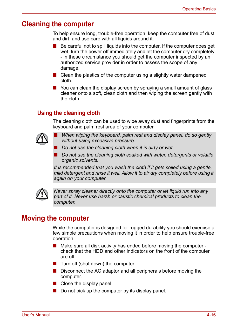 Cleaning the computer, Moving the computer, Cleaning the computer -16 moving the computer -16 | Using the cleaning cloth | Toshiba NB200 User Manual | Page 67 / 144