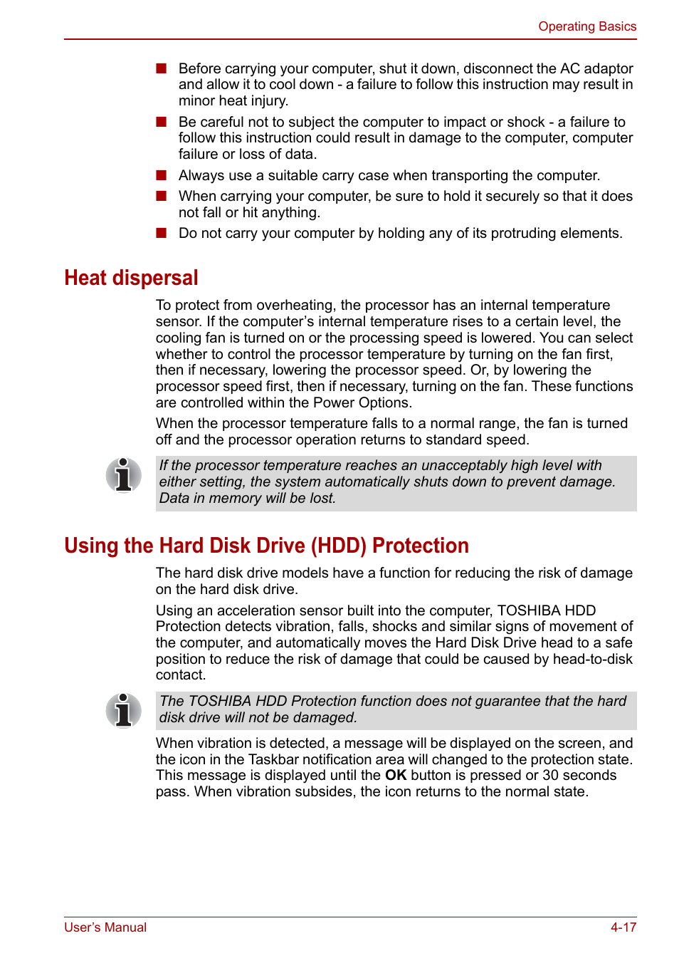 Heat dispersal, Using the hard disk drive (hdd) protection | Toshiba NB200 User Manual | Page 68 / 144