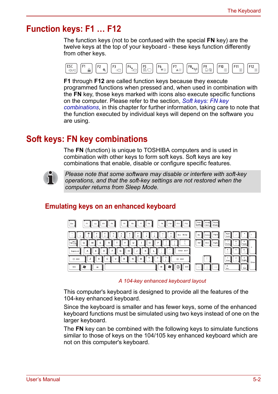 Function keys: f1 … f12, Soft keys: fn key combinations, Emulating keys on an enhanced keyboard | Toshiba NB200 User Manual | Page 72 / 144