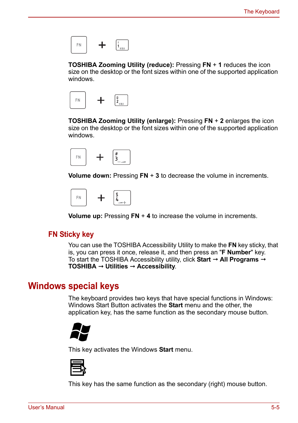 Windows special keys, Windows special keys -5, Fn sticky key | Toshiba NB200 User Manual | Page 75 / 144