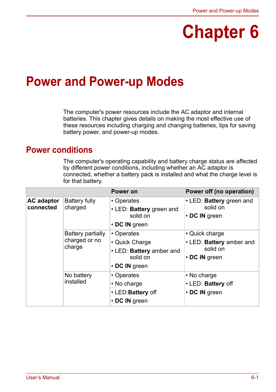 Chapter 6: power and power-up modes, Power conditions, Chapter 6 | Power and power-up modes, Power conditions -1, Power, And power-up modes | Toshiba NB200 User Manual | Page 78 / 144