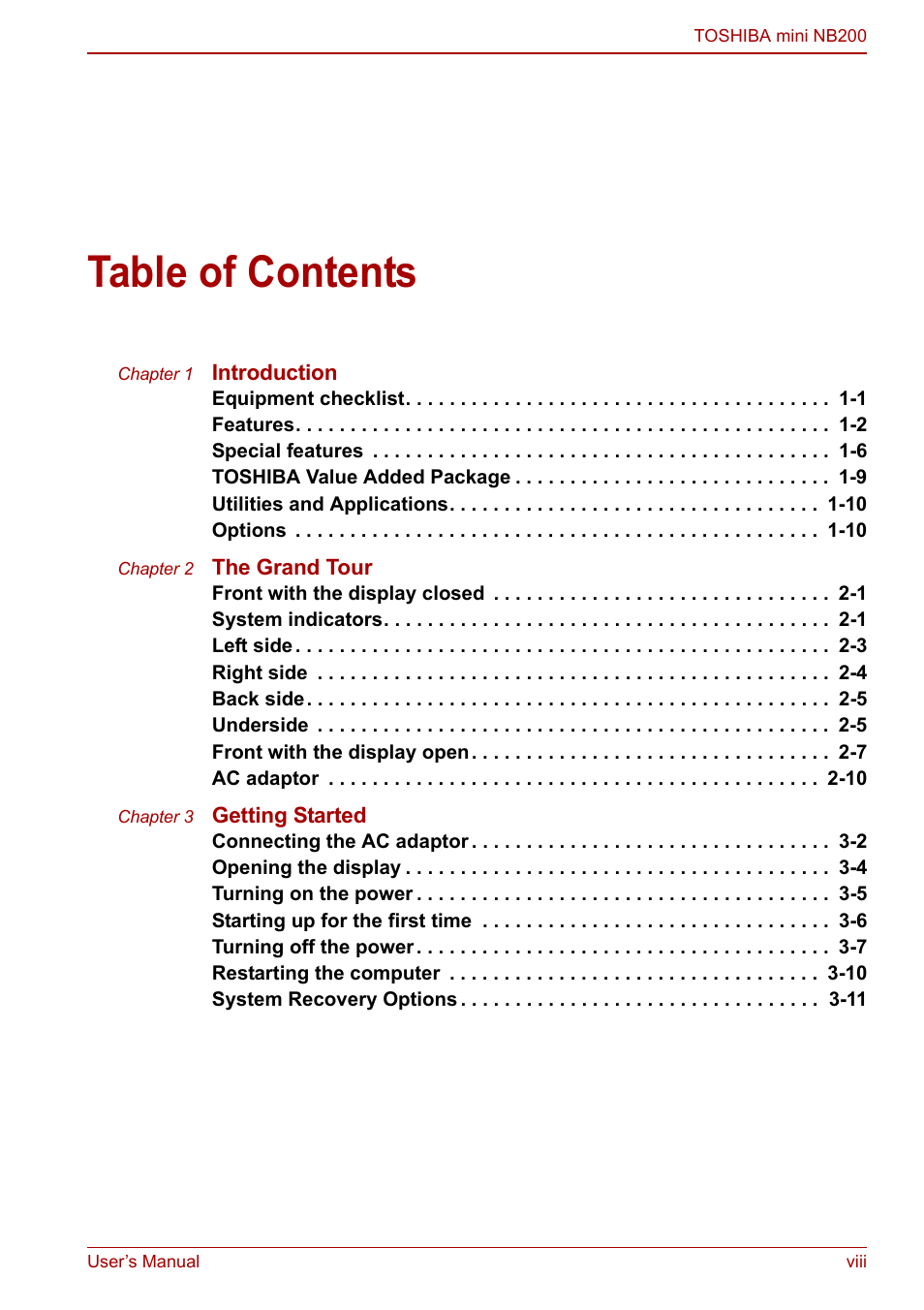 Toshiba NB200 User Manual | Page 8 / 144