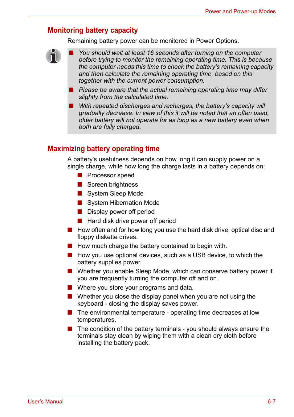 Monitoring battery capacity, Maximizing battery operating time | Toshiba NB200 User Manual | Page 84 / 144