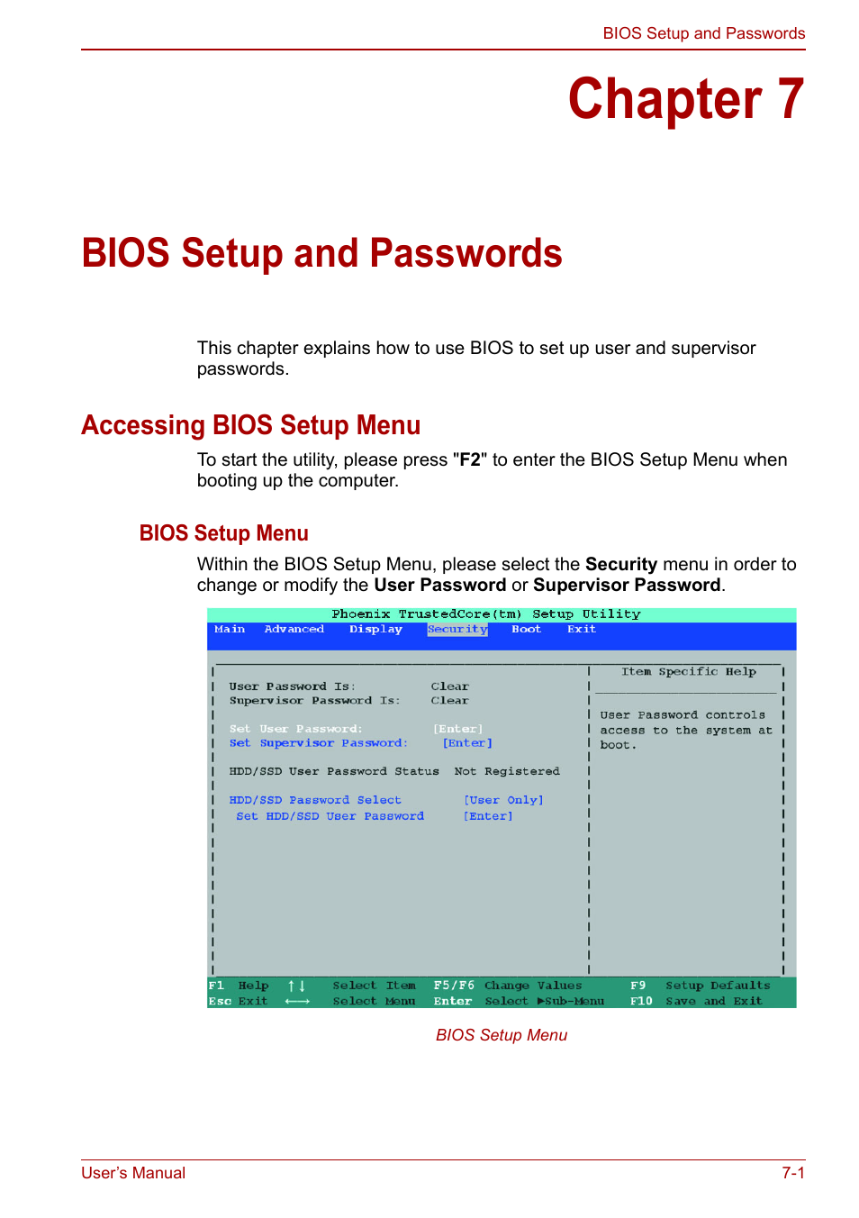 Chapter 7: bios setup and passwords, Accessing bios setup menu, Chapter 7 | Bios setup and passwords, Accessing bios setup menu -1, Bios setup and, Passwords, If you are goi, Expl, Ter 7 | Toshiba NB200 User Manual | Page 90 / 144