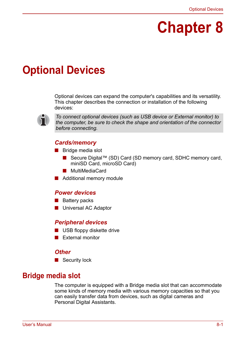 Chapter 8: optional devices, Bridge media slot, Chapter 8 | Optional devices, Bridge media slot -1, Ter 8, For more information | Toshiba NB200 User Manual | Page 94 / 144