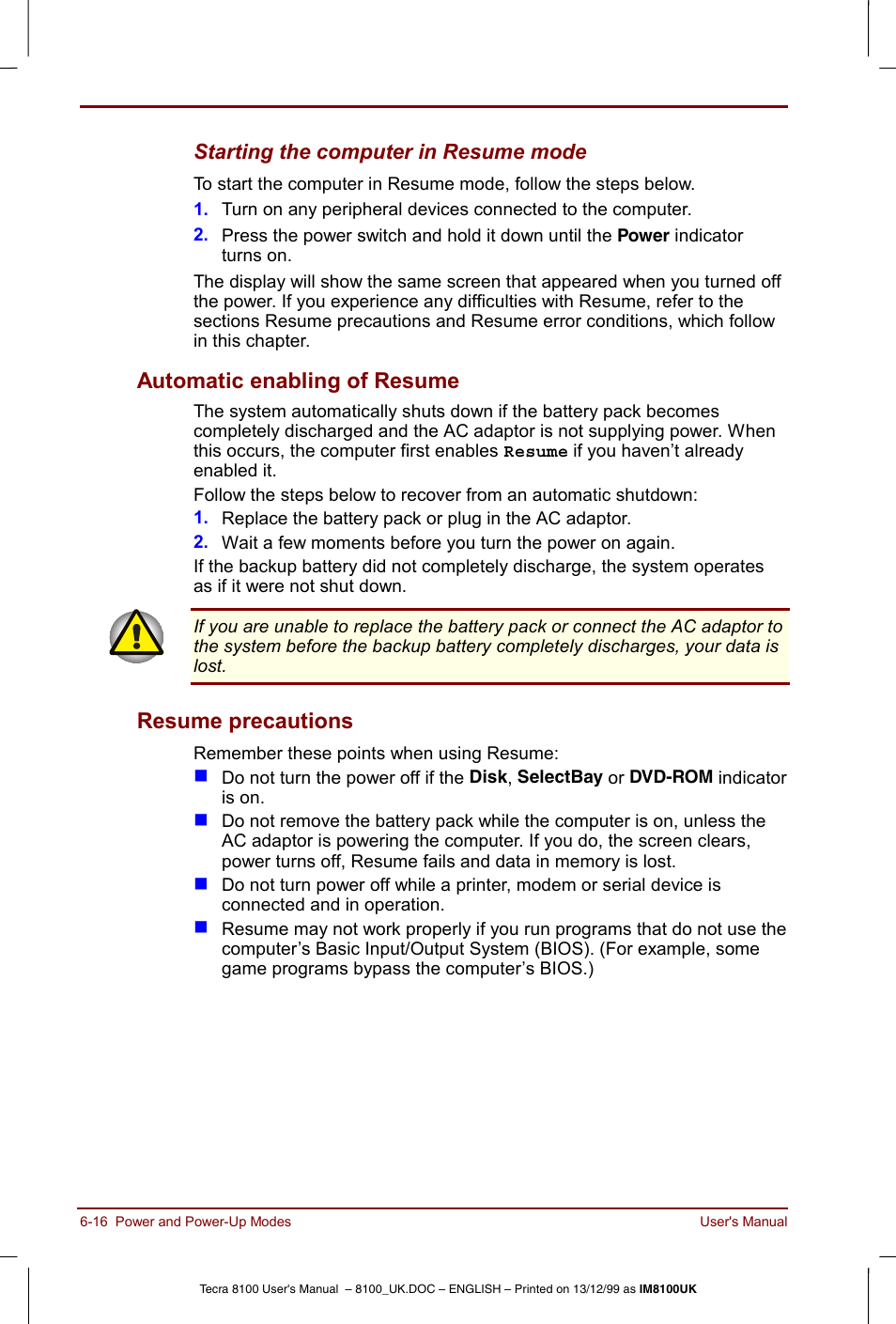 Automatic enabling of resume, Resume precautions | Toshiba Tecra 8100 User Manual | Page 100 / 226