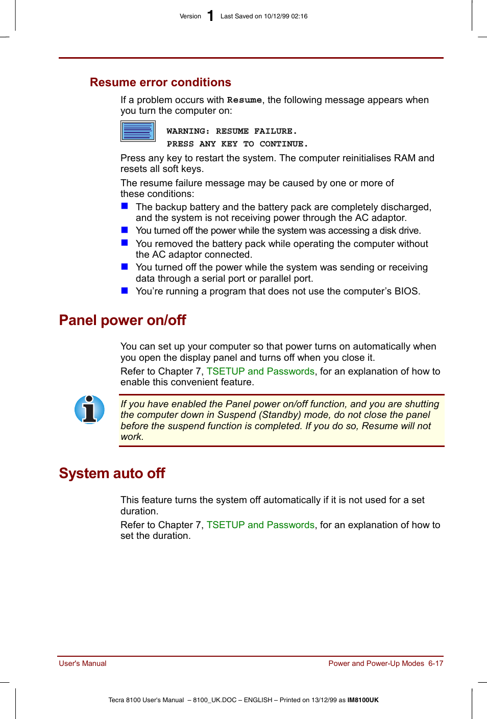 Panel power on/off, System auto off, Resume error conditions -17 | Panel power on/off -17 system auto off -17, Resume error conditions | Toshiba Tecra 8100 User Manual | Page 101 / 226