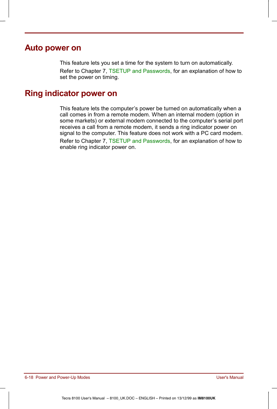 Auto power on, Ring indicator power€on, Auto power on -18 ring indicator power on -18 | Ring indicator power on | Toshiba Tecra 8100 User Manual | Page 102 / 226