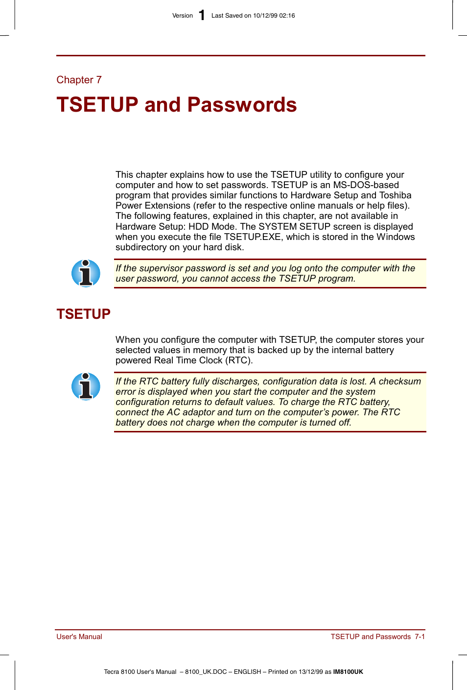 Chapter 7, Tsetup and passwords, Tsetup | Chapter 7 tsetup and passwords, Tsetup -1, And passwords, Tsetup and, Passwords, Hapter 7, For an ex | Toshiba Tecra 8100 User Manual | Page 103 / 226