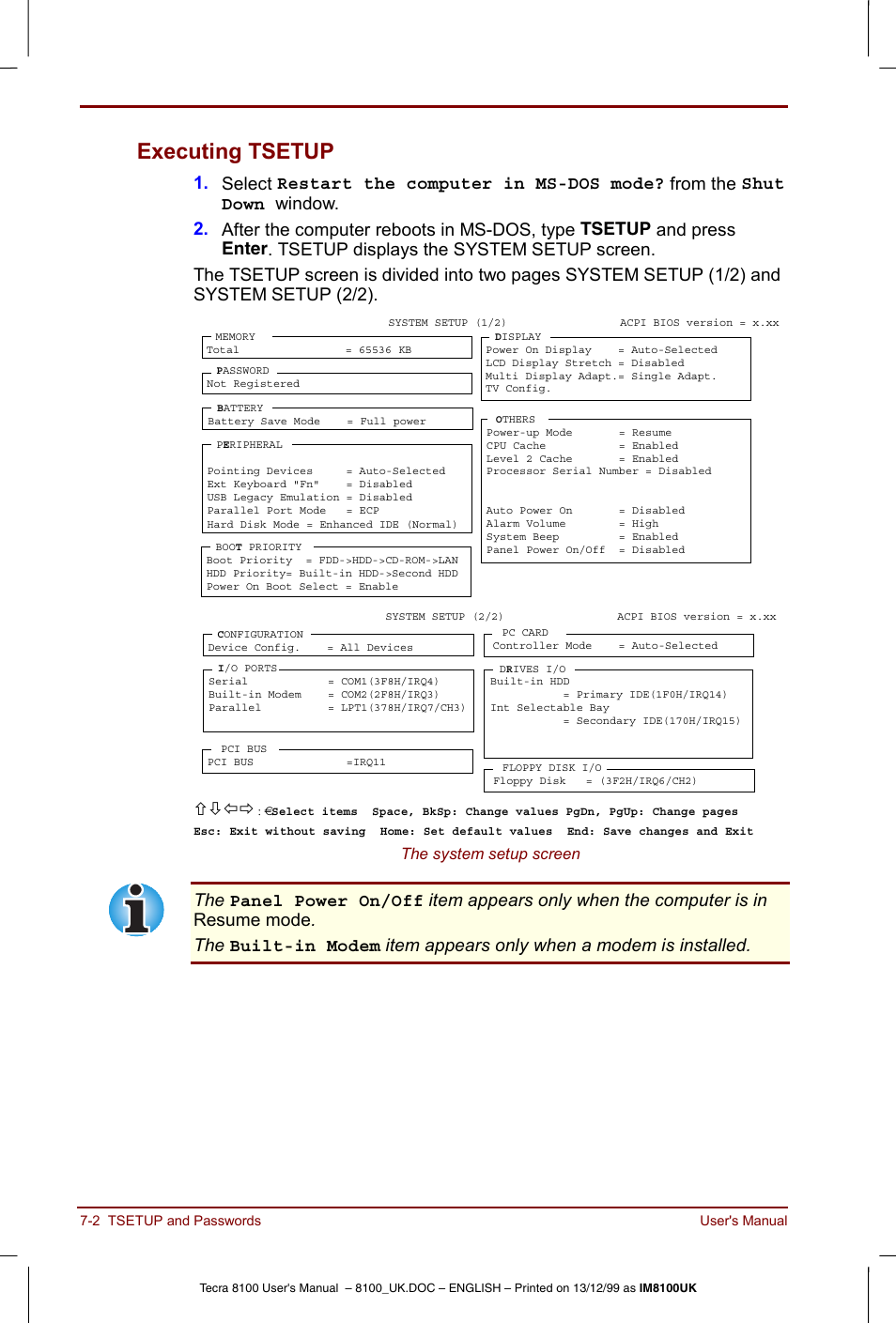 Executing tsetup -2, Executing tsetup, Чшхц | The system setup screen | Toshiba Tecra 8100 User Manual | Page 104 / 226