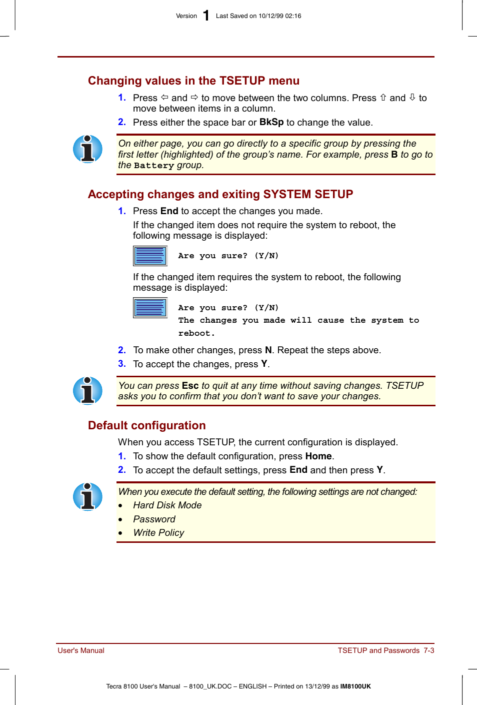 Changing values in the tsetup menu, Accepting changes and exiting system setup, Default configuration | Toshiba Tecra 8100 User Manual | Page 105 / 226