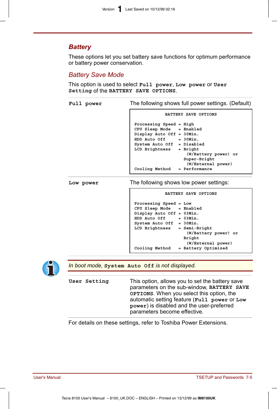 Battery, Battery save mode | Toshiba Tecra 8100 User Manual | Page 107 / 226
