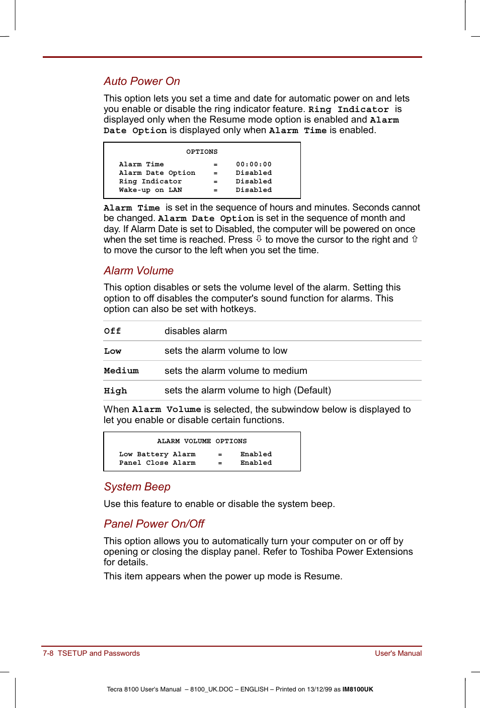 Auto power on, Alarm volume, System beep | Panel power on/off | Toshiba Tecra 8100 User Manual | Page 110 / 226