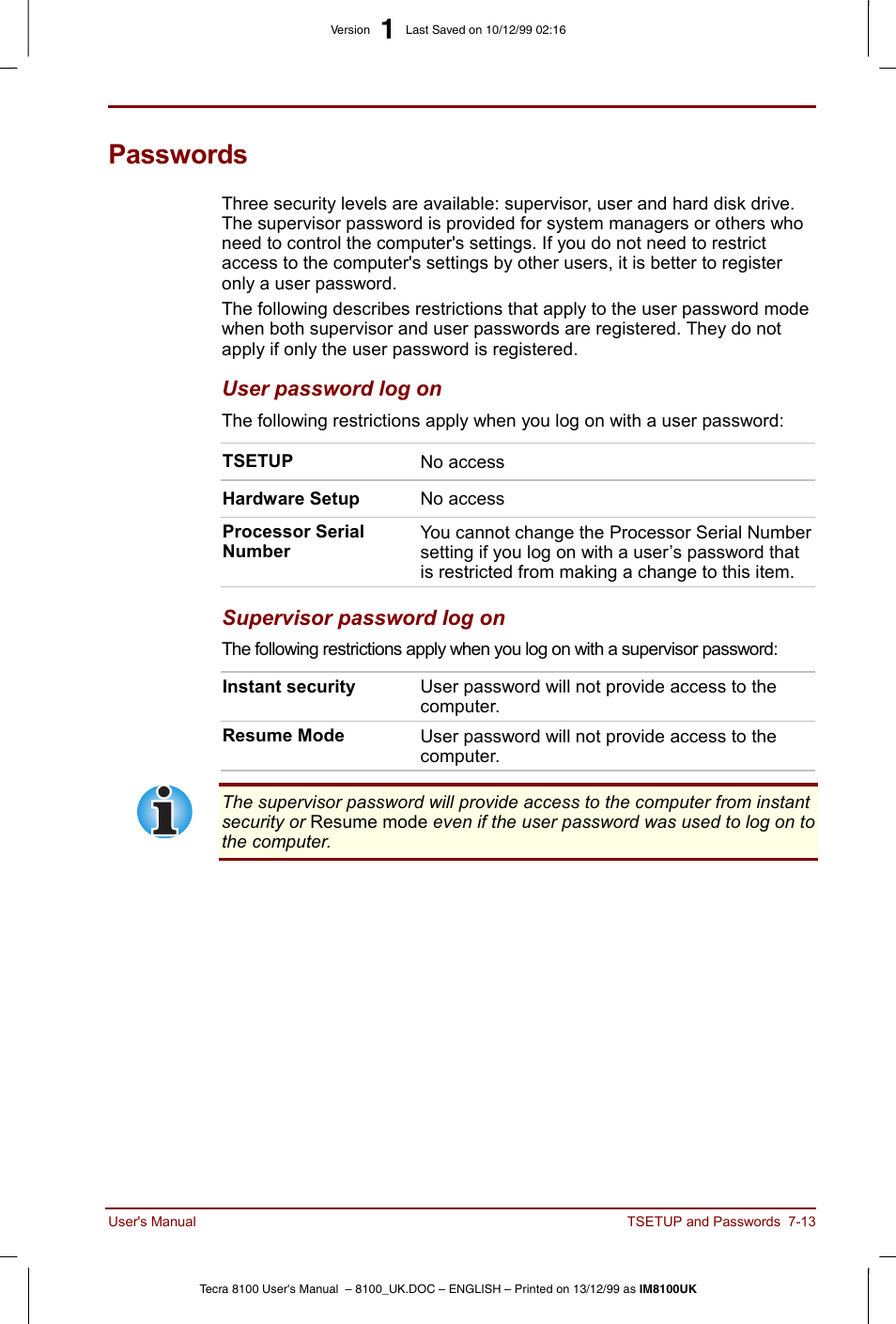 Passwords, Passwords -13 | Toshiba Tecra 8100 User Manual | Page 115 / 226