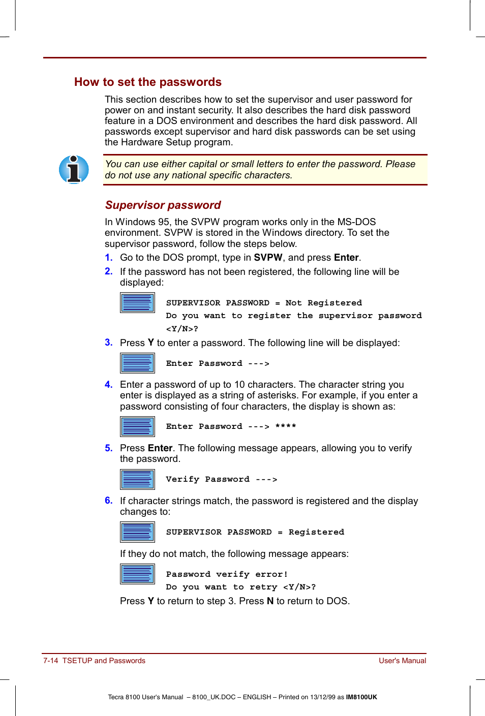 How to set the passwords -14, How to set the passwords | Toshiba Tecra 8100 User Manual | Page 116 / 226