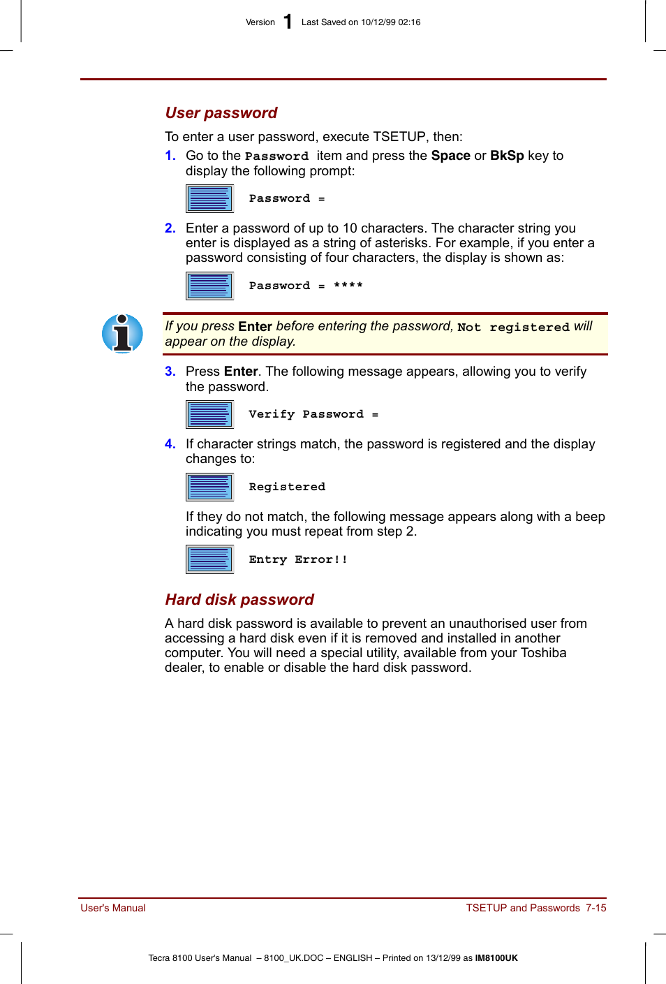 User password, Hard disk password | Toshiba Tecra 8100 User Manual | Page 117 / 226