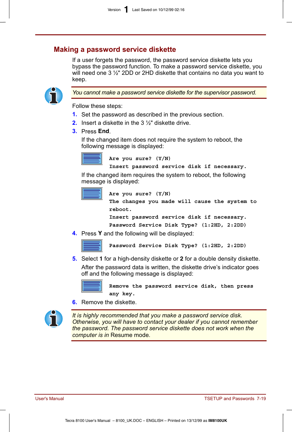 Making a password service diskette -19, Making a password service diskette | Toshiba Tecra 8100 User Manual | Page 121 / 226