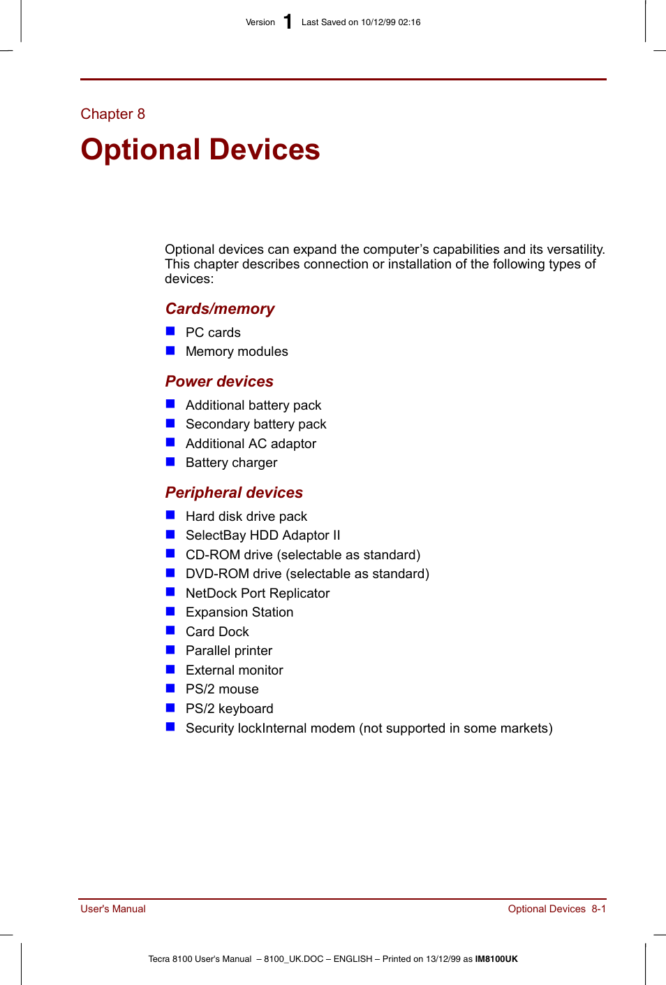 Chapter 8, Optional devices, Chapter 8 optional devices | Describes the optional hardw | Toshiba Tecra 8100 User Manual | Page 123 / 226