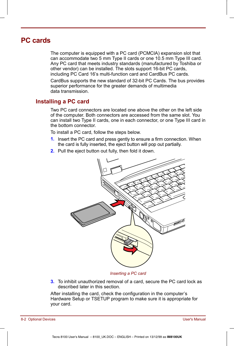 Pc cards, Pc cards -2, Installing a pc card -2 | Installing a pc card | Toshiba Tecra 8100 User Manual | Page 124 / 226