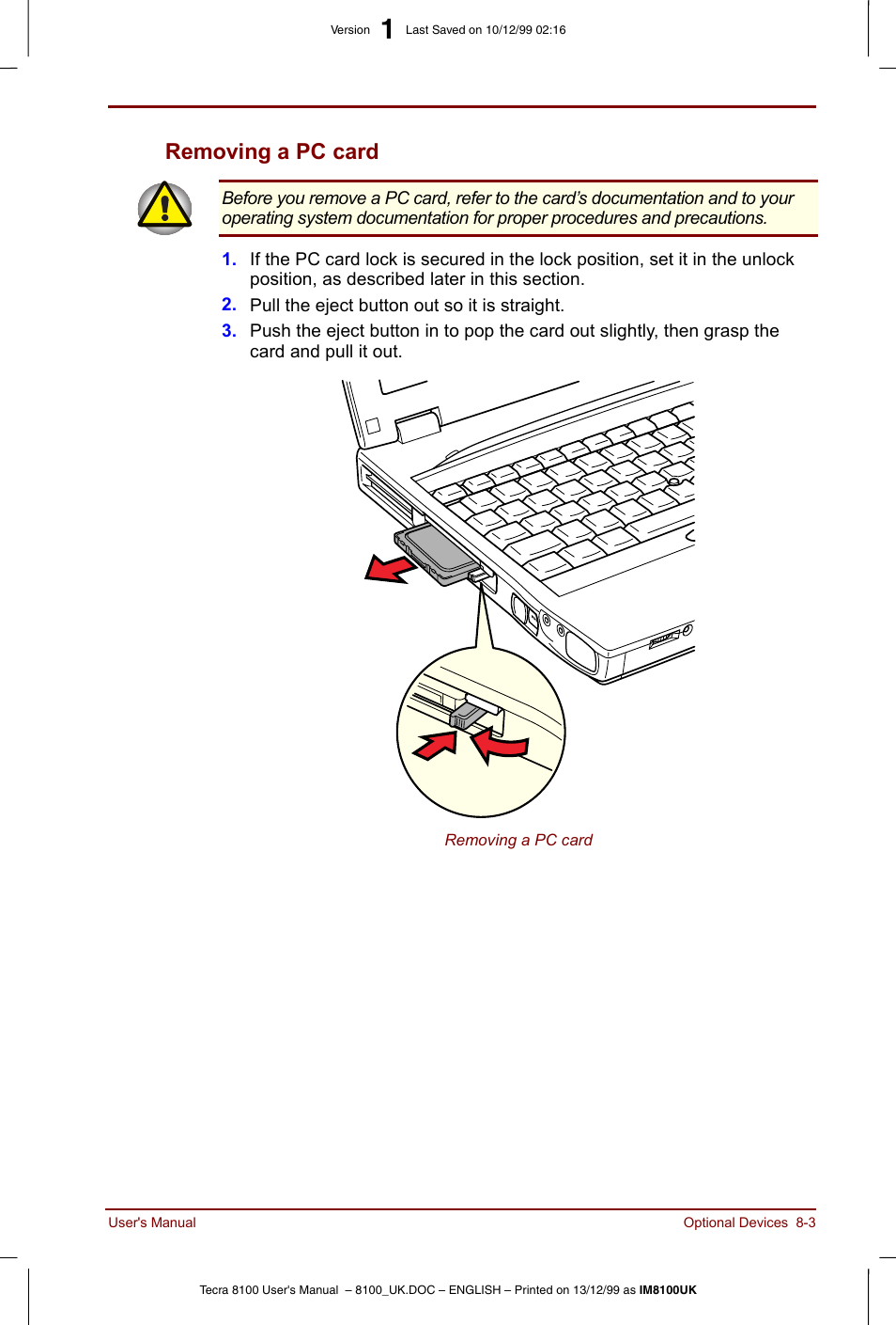 Removing a pc card -3, Removing a pc card | Toshiba Tecra 8100 User Manual | Page 125 / 226