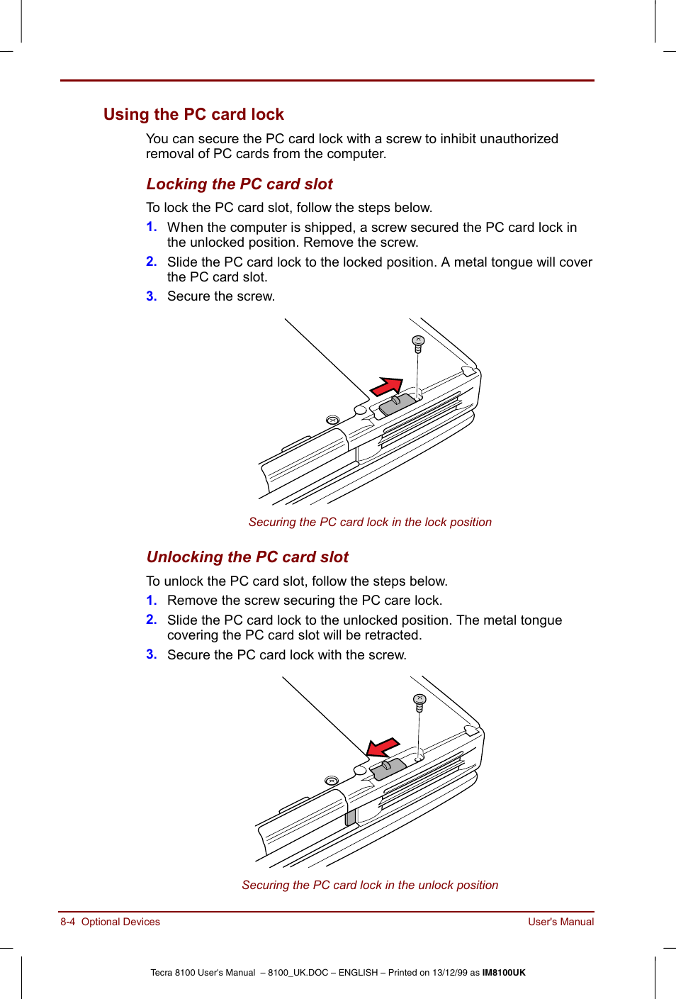 Using the pc card lock -4, Using the pc card lock | Toshiba Tecra 8100 User Manual | Page 126 / 226