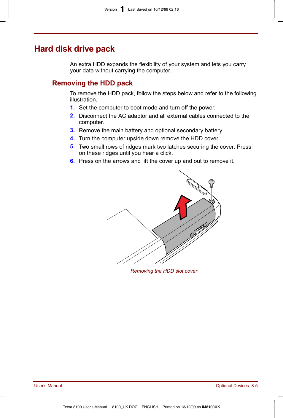 Hard disk drive pack, Hard disk drive pack -5, Removing the hdd pack -5 | Removing the hdd pack | Toshiba Tecra 8100 User Manual | Page 127 / 226