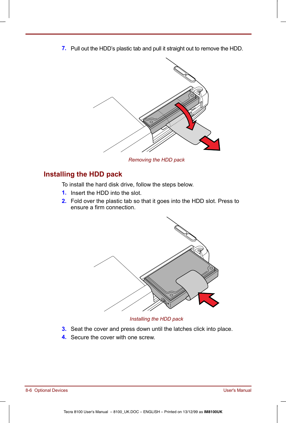 Installing the hdd pack -6, Installing the hdd pack | Toshiba Tecra 8100 User Manual | Page 128 / 226