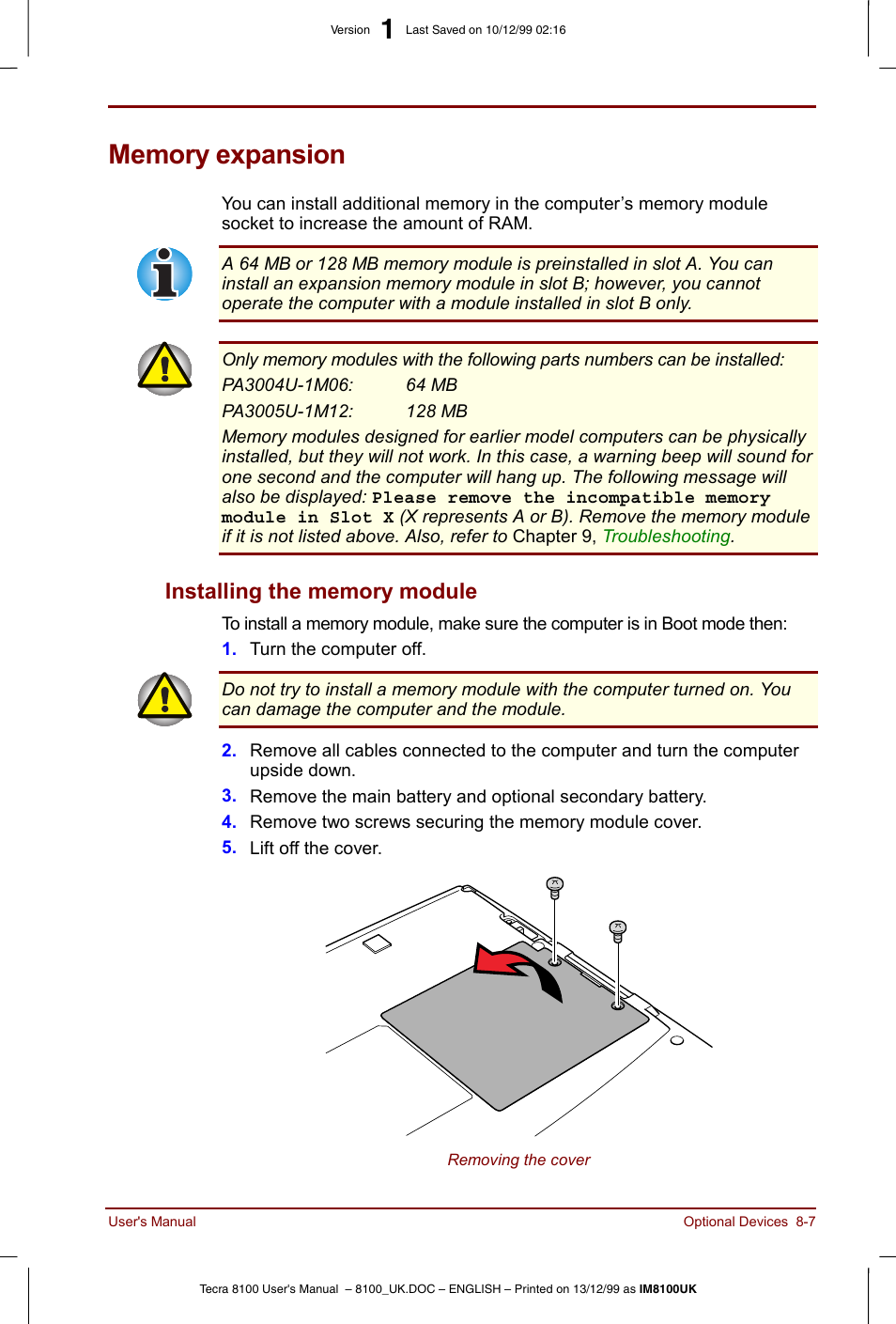 Memory expansion, Memory expansion -7, Installing the memory module -7 | Toshiba Tecra 8100 User Manual | Page 129 / 226