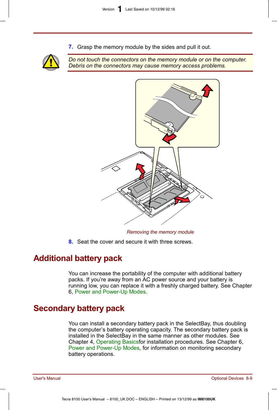 Additional battery pack, Secondary battery pack | Toshiba Tecra 8100 User Manual | Page 131 / 226