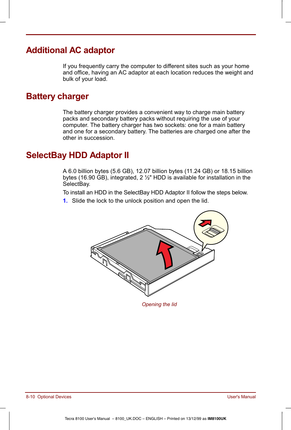 Additional ac adaptor, Battery charger, Selectbay hdd adaptor ii | Toshiba Tecra 8100 User Manual | Page 132 / 226