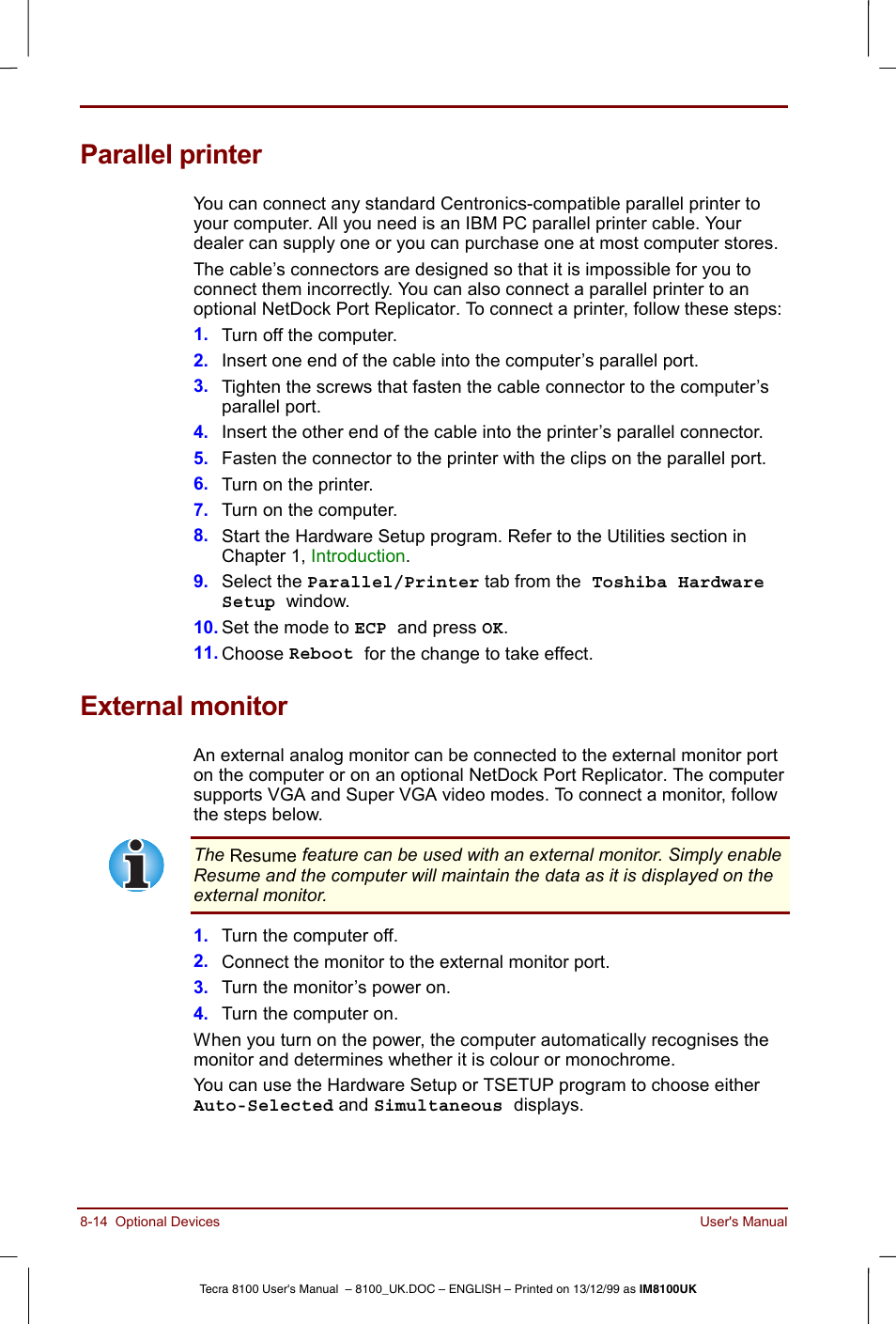 Parallel printer, External monitor, Parallel printer -14 external monitor -14 | Toshiba Tecra 8100 User Manual | Page 136 / 226